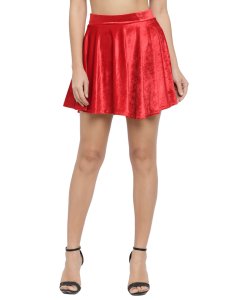 N-Gal Women's Velvet High Waist Versatile Flared Skater Short Mini Skirt_Red