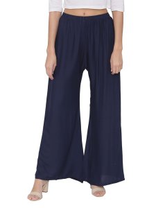 N-Gal Rayon Women's Wide Leg Elastic Waist Band Breathable Plain Palazzo Pant_NavyBlue