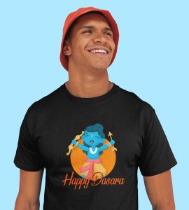 Happy Dasara printed unisex adults round neck cotton half-sleeve black tshirt specially for Navratri festival/ Durga puja