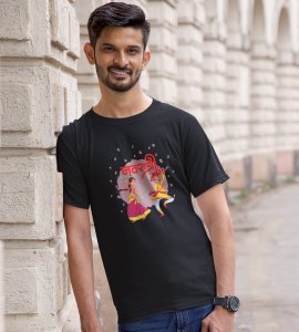 Playing dandiya (colour blast back) printed unisex adults round neck cotton half-sleeve black tshirt specially for Navratri festival/ Durga puja