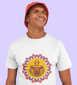 Rangoli mandala art (diya) printed diwali themed unisex round neck blended white t-shirt specially for diwali festival