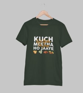 Kuch meetha ho jaye printed diwali themed unisex round neck blended green t-shirt specially for diwali festival