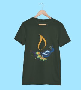 Peacock rangoli printed diwali themed unisex round neck blended green t-shirt specially for diwali festival