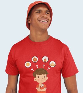 A child thinking printed diwali themed unisex round neck blended red t-shirt specially for diwali festival