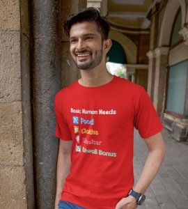 Basic human needs printed diwali themed unisex round neck blended red t-shirt specially for diwali festival