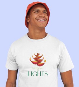 Diyas opposite wise framed printed diwali themed unisex round neck blended white t-shirt specially for diwali festival