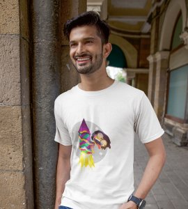 Rocket cracker printed diwali themed unisex round neck blended white t-shirt specially for diwali festival