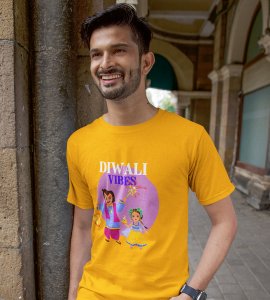 Diwali vibes printed diwali themed unisex round neck blended yellow t-shirt specially for diwali festival