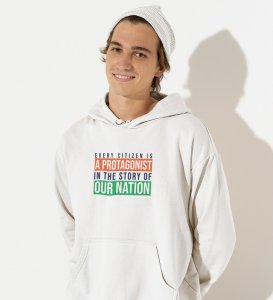 Hero Of The Nation, White Round Neck Printed Hoodies