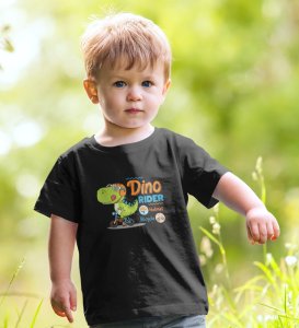 Dino Rider, Boys Round Neck Printed Blended Cotton Tshirt (black)