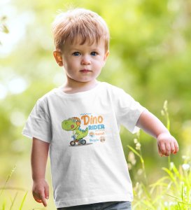 Dino Rider, Boys Round Neck Printed Blended Cotton Tshirt (White)