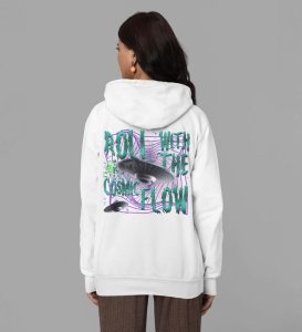 Cosmic Adventure  Space Ship Roll with Cosmic Flow White Cotton Printed Hoodies For Women