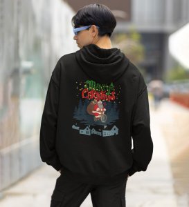 Santa Happily Riding a Bicycle Filled with Gifts Printed Black Cotton Hoodie