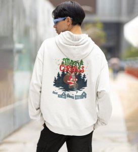 Santa Happily Riding a Bicycle Filled with Gifts Printed White Cotton Hoodie