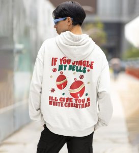 Playful Jingle Bells Capturing the Delight of a White Christmas Printed White Cotton Hoodie