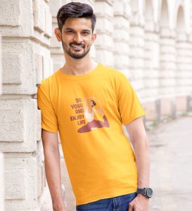 Stretch Into Happiness Yellow Round Neck Cotton Half Sleeved Men T-Shirt with Printed Graphics