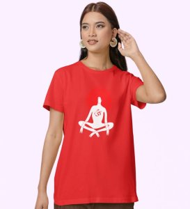 Power Of Om Red Round Neck Cotton Half Sleeved Women T-Shirt with Printed Graphics