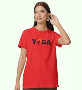 Yoga : The Strongest Path Red Round Neck Cotton Half Sleeved Women T-Shirt with Printed Graphics