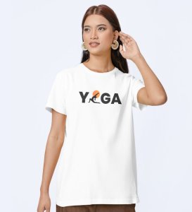 Yoga : The Strongest Path White Round Neck Cotton Half Sleeved Women T-Shirt with Printed Graphics