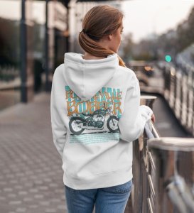 Ride in Style Classic Cruiser Printed White Hoodie for Women